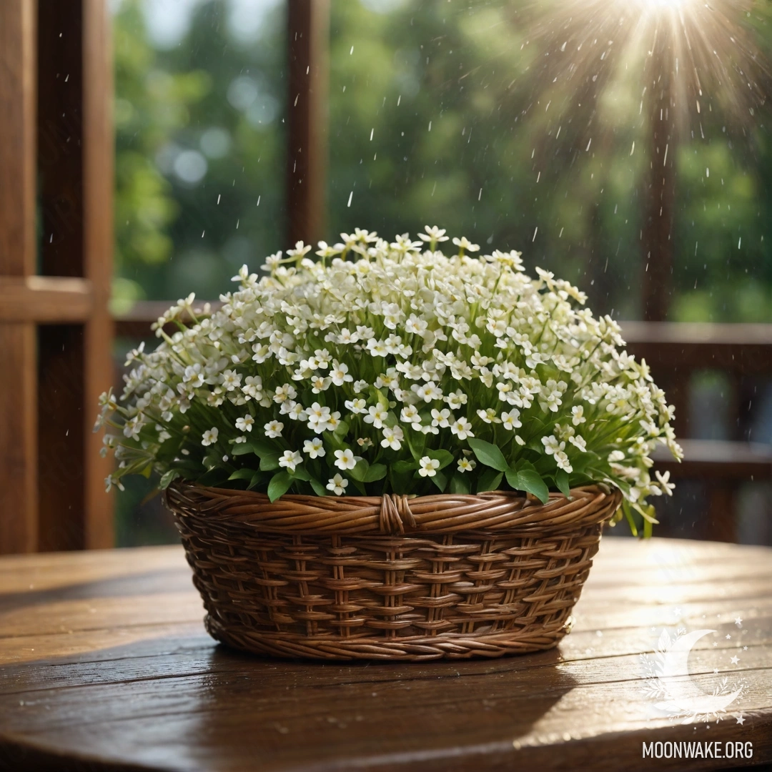 A basket filled with small white flowers on a wooden table under the rain, illuminated by sunshine.