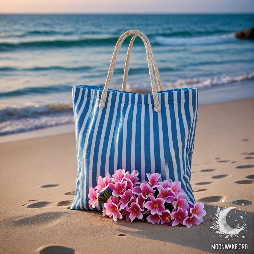 A white and blue striped bag filled with pink flowers on a sandy beach at night, with a backdrop of the blue sea and sky.