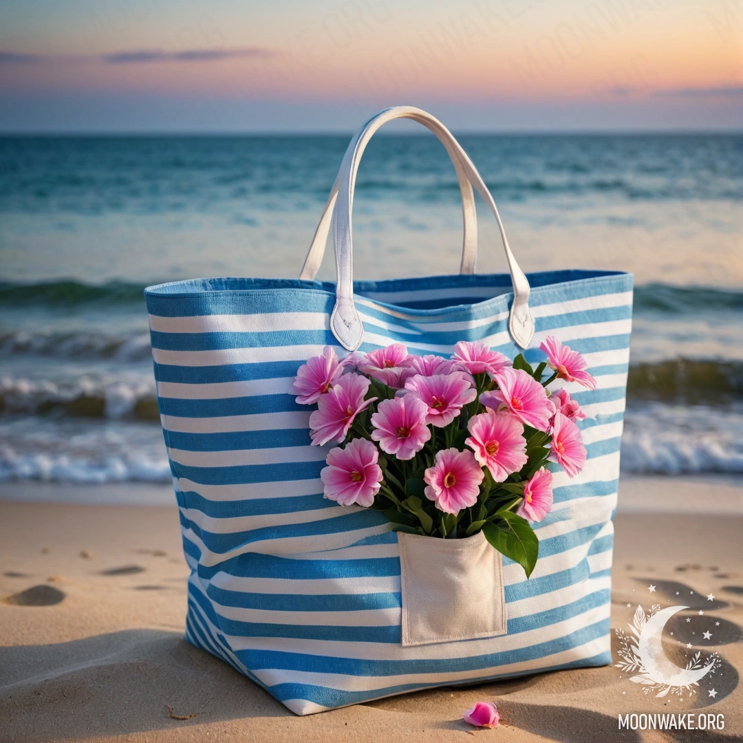 A white and blue striped fabric bag with pink flowers on a sandy beach, with the blue sea and sky in the background at night.