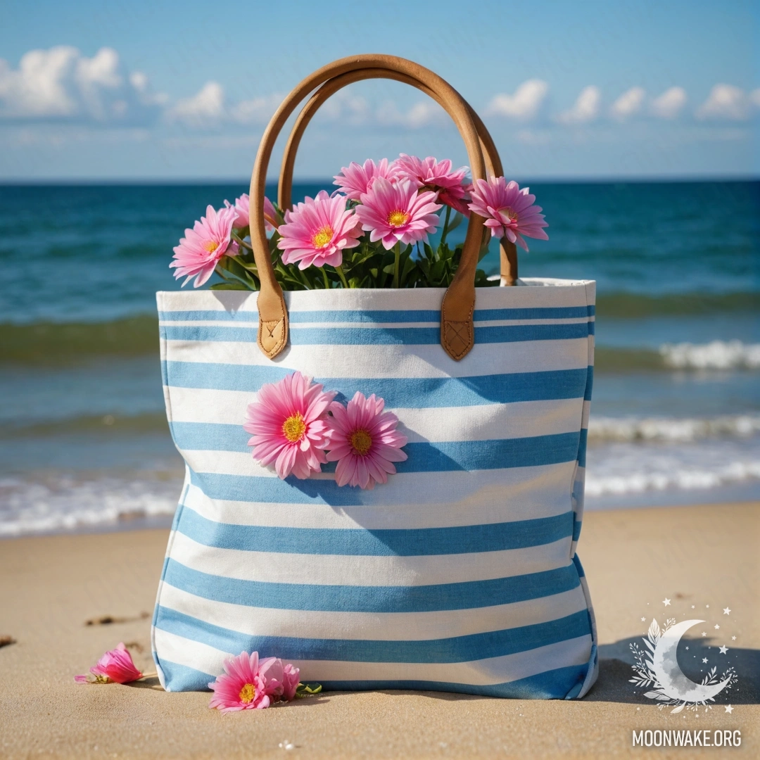 A white and blue striped bag filled with pink flowers on a sunny sandy beach by the blue sea and sky under the rain.