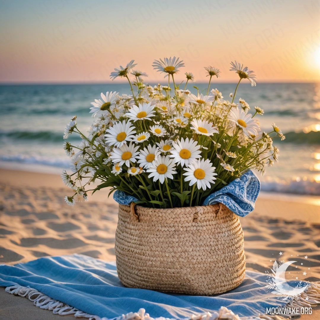 A peaceful beach scene at sunset featuring a straw bag filled with a blue tablecloth and a bouquet of daisies, with the sea and string lights in the background.