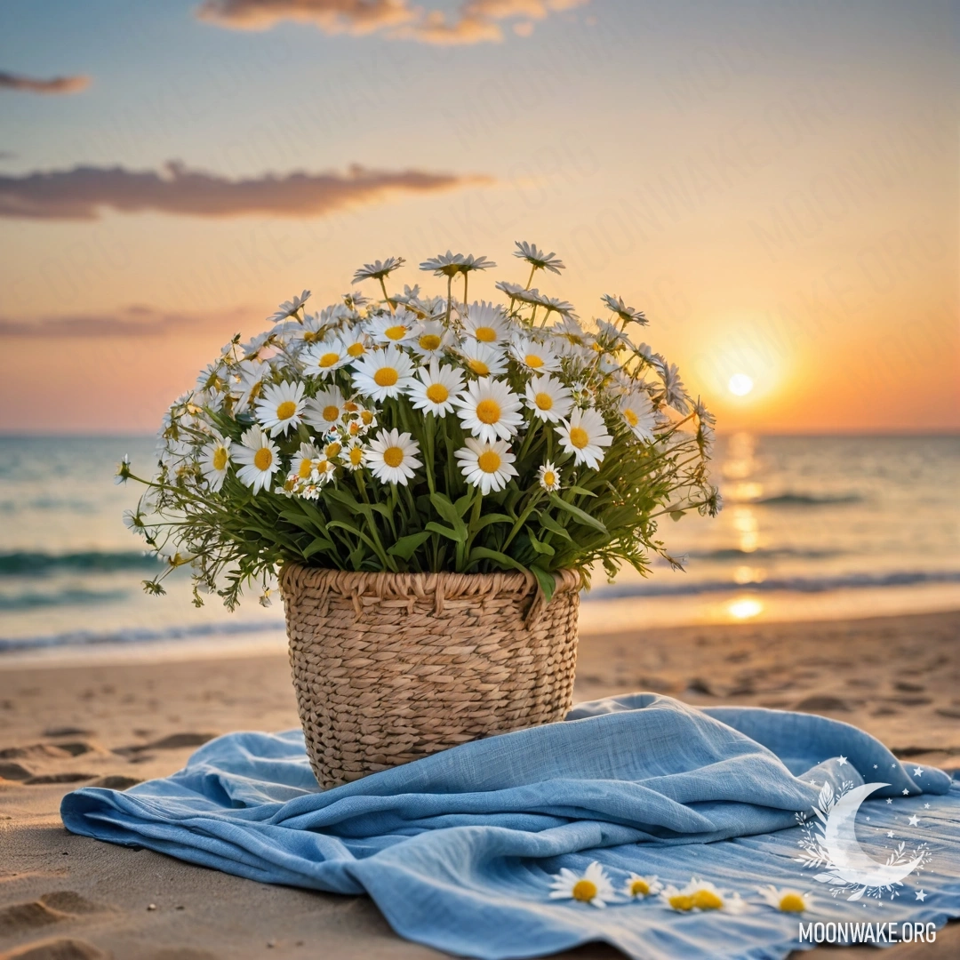 Romantic Beach Sunset with Daisies A straw bag with a blue tablecloth and a bouquet of daisies on a sandy beach at sunset, illuminated by fairy lights