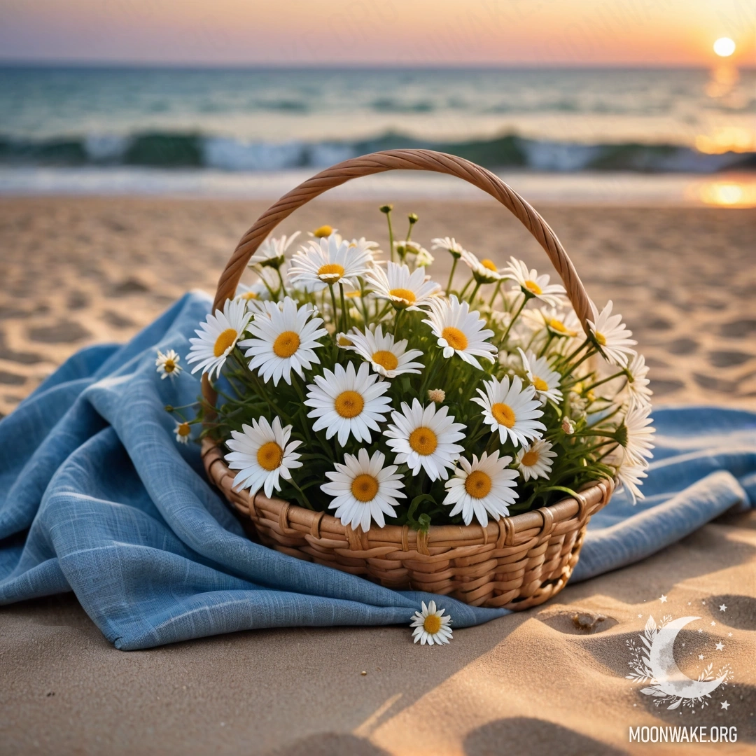 Romantic Beach Sunset with Daisies A straw bag with a blue tablecloth and daisies on a sandy beach at sunset.