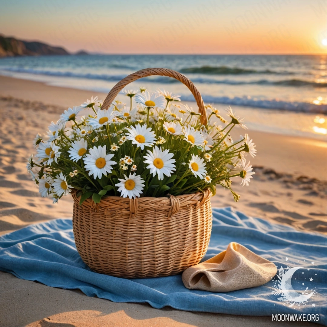 Romantic Beach Sunset with Daisies A straw bag with a blue tablecloth and a bouquet of daisies on a sandy beach at sunset, with the sea in the background.