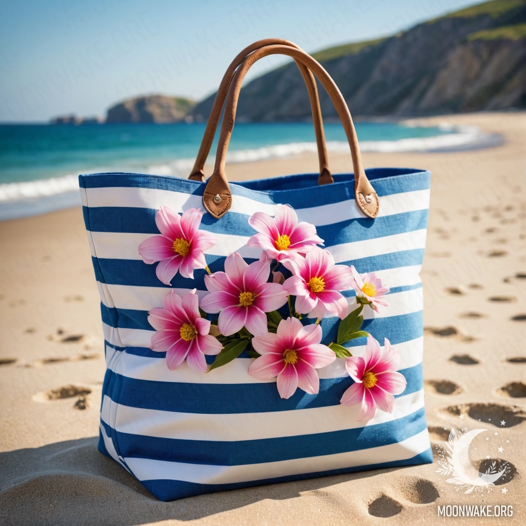 A white and blue striped bag filled with pink flowers on a beach.