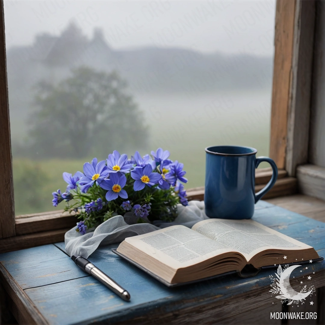 A charming scene featuring an old shabby blue book on a wooden windowsill, accompanied by a blue metal mug filled with flowers, enveloped in dense mist.