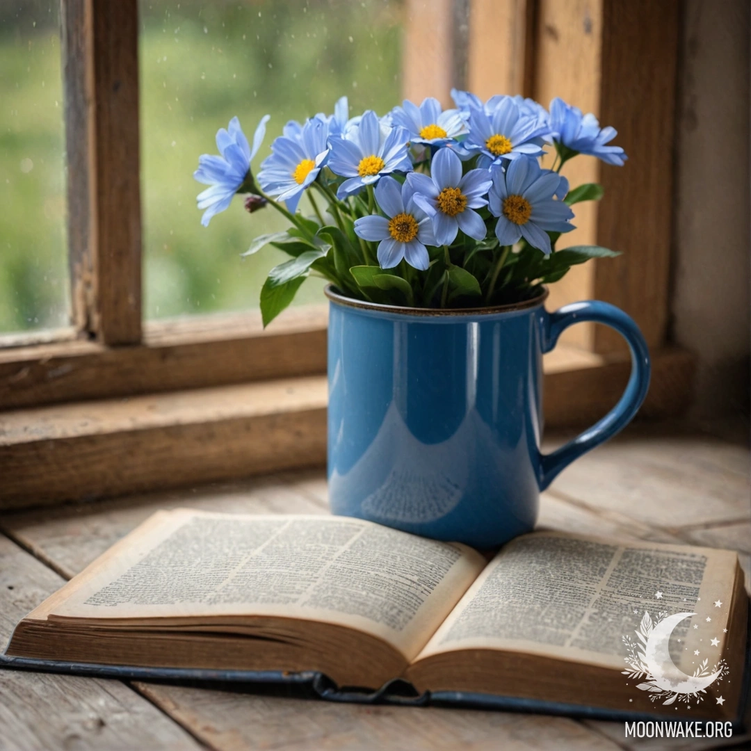 A blue book resting on a wooden windowsill with a blue metal mug containing flowers.