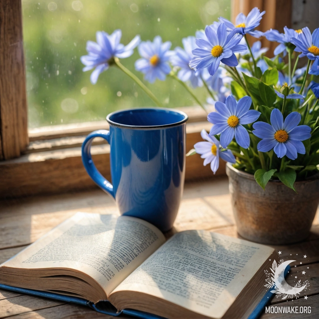 Romantic Blue Book with Flowers on Windowsill A blue book resting on a wooden windowsill with a blue mug filled with flowers under sun rays.