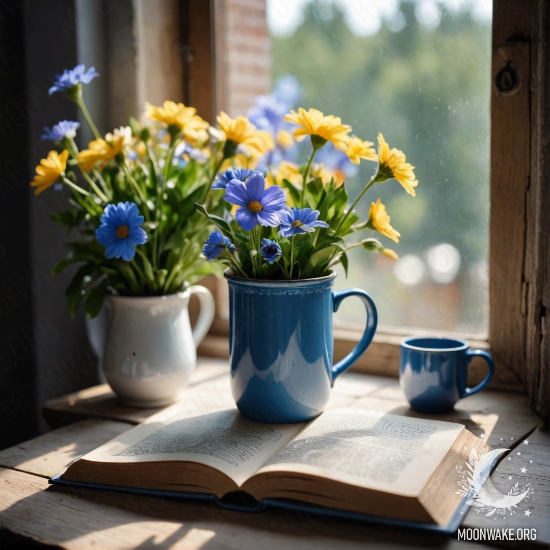 A blue book on a wooden windowsill with a blue mug containing flowers.
