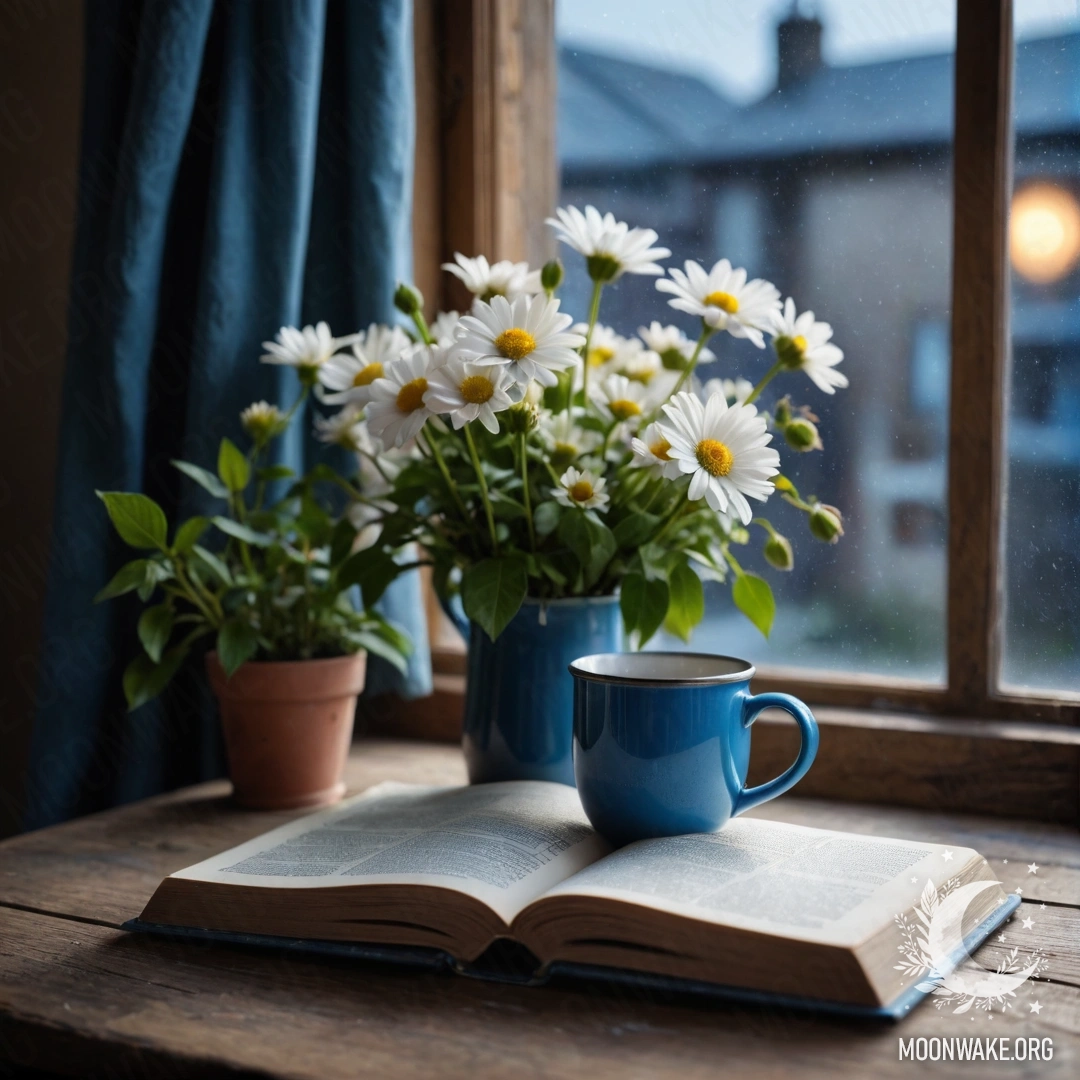 A blue book and a blue metal mug with flowers on a wooden windowsill at night.