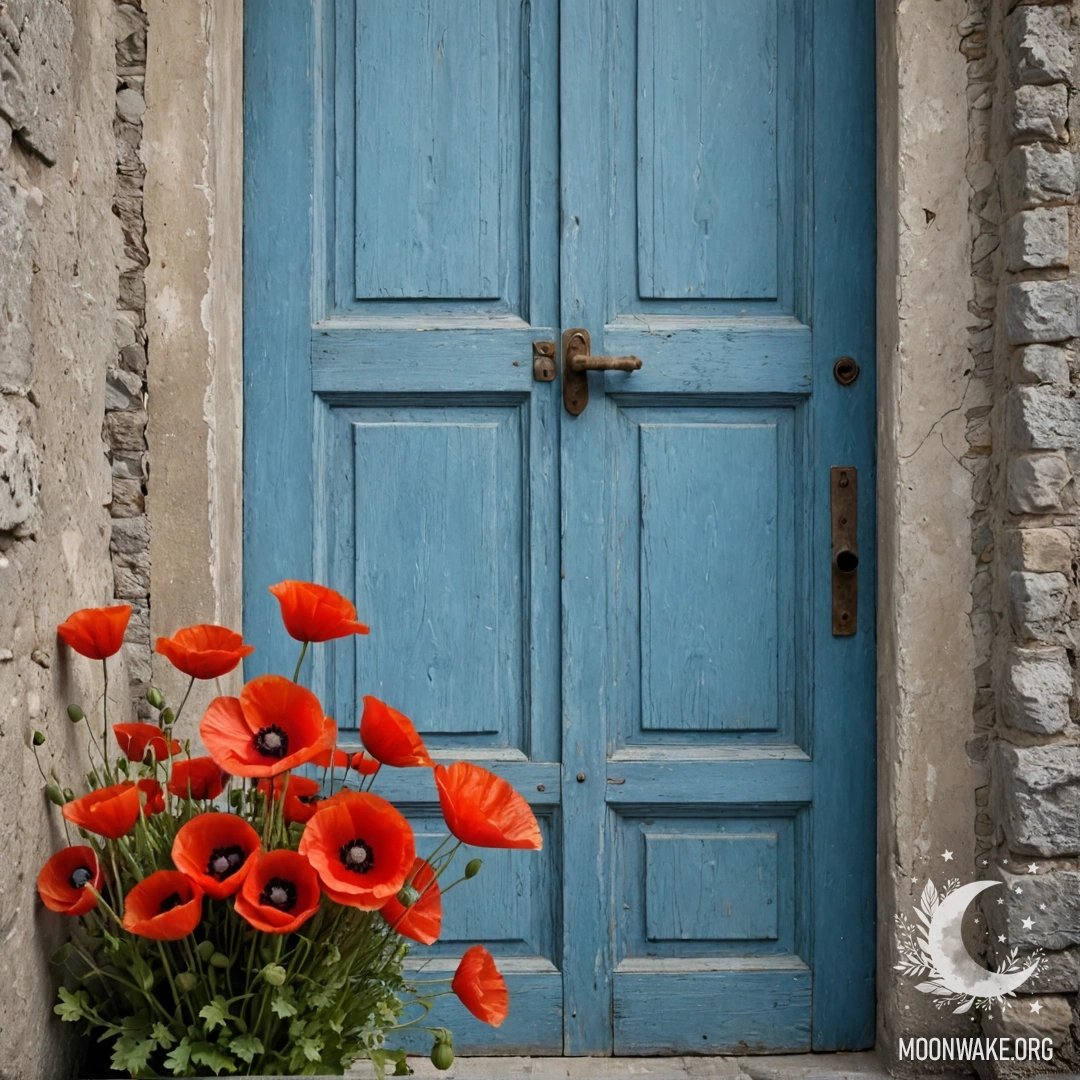A weathered blue door with a poppy bouquet adorning its handle.