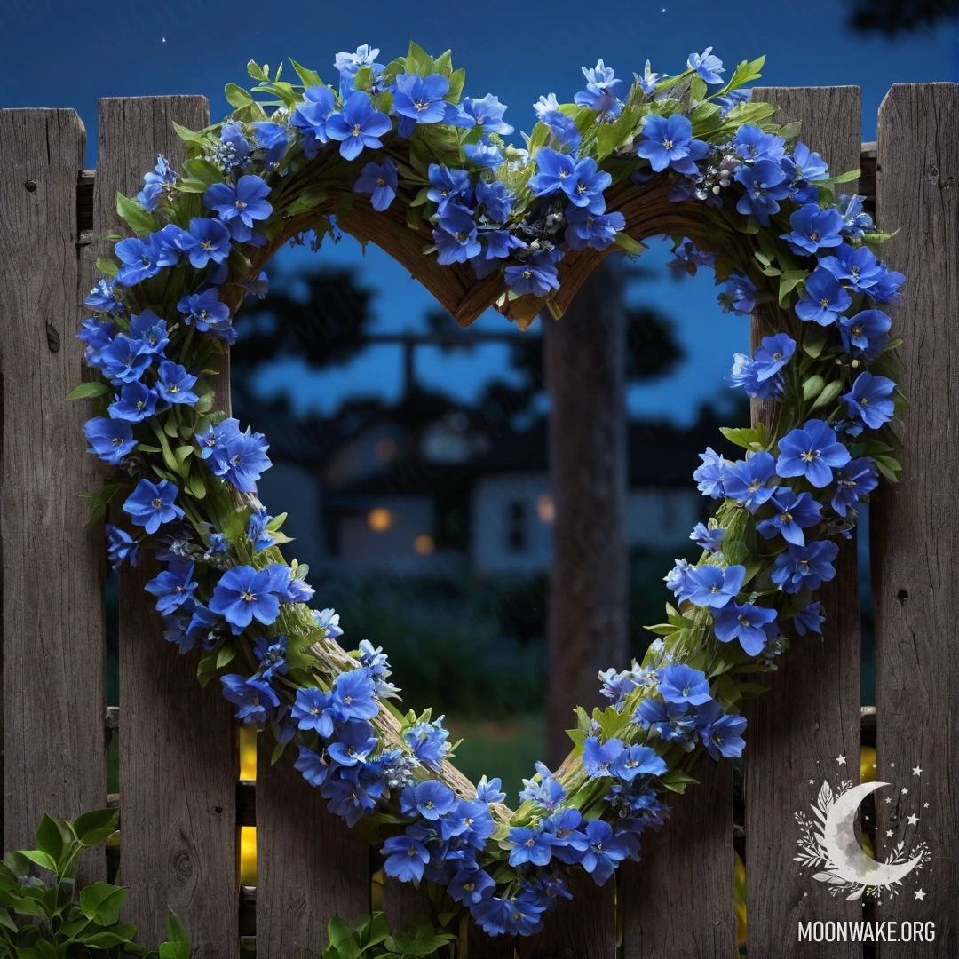 Romantic Heart-Shaped Blue Flower Wreath on Wooden Fence A close-up of an old wooden fence adorned with a blue flower wreath in the shape of a heart during nighttime.