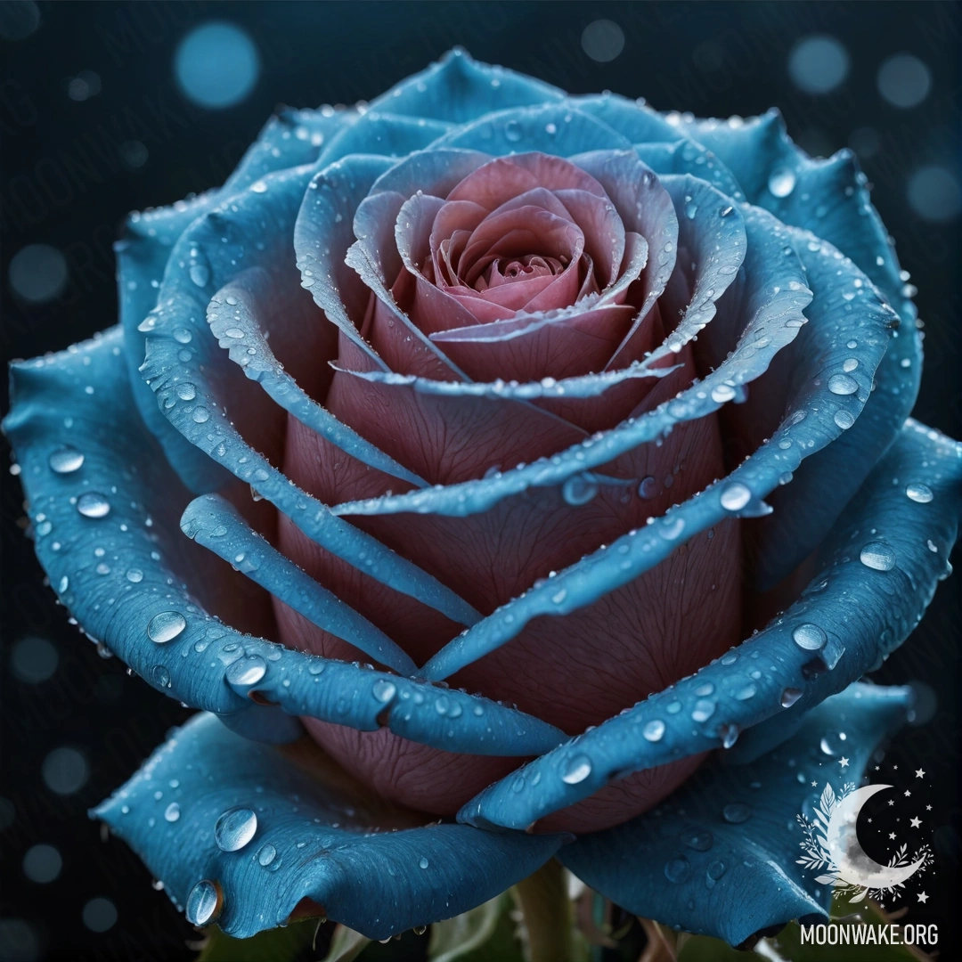 A beautiful sky blue rose adorned with sparkling dew drops at night.