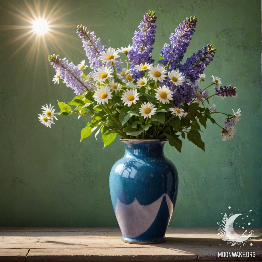 A shabby blue metal vase filled with daisies and lilacs against a greenish wall, illuminated by sun rays.