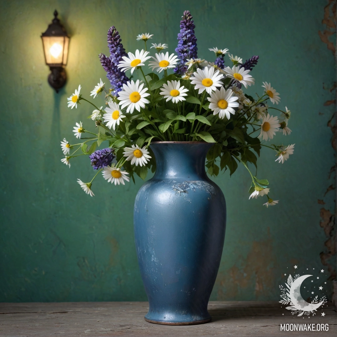 A shabby blue metal vase filled with daisies and lilacs, set against a greenish wall at night.