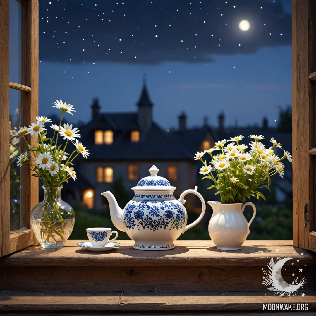 A shabby blue metal vase filled with daisies and lilacs against a green wall, illuminated by garland lights.