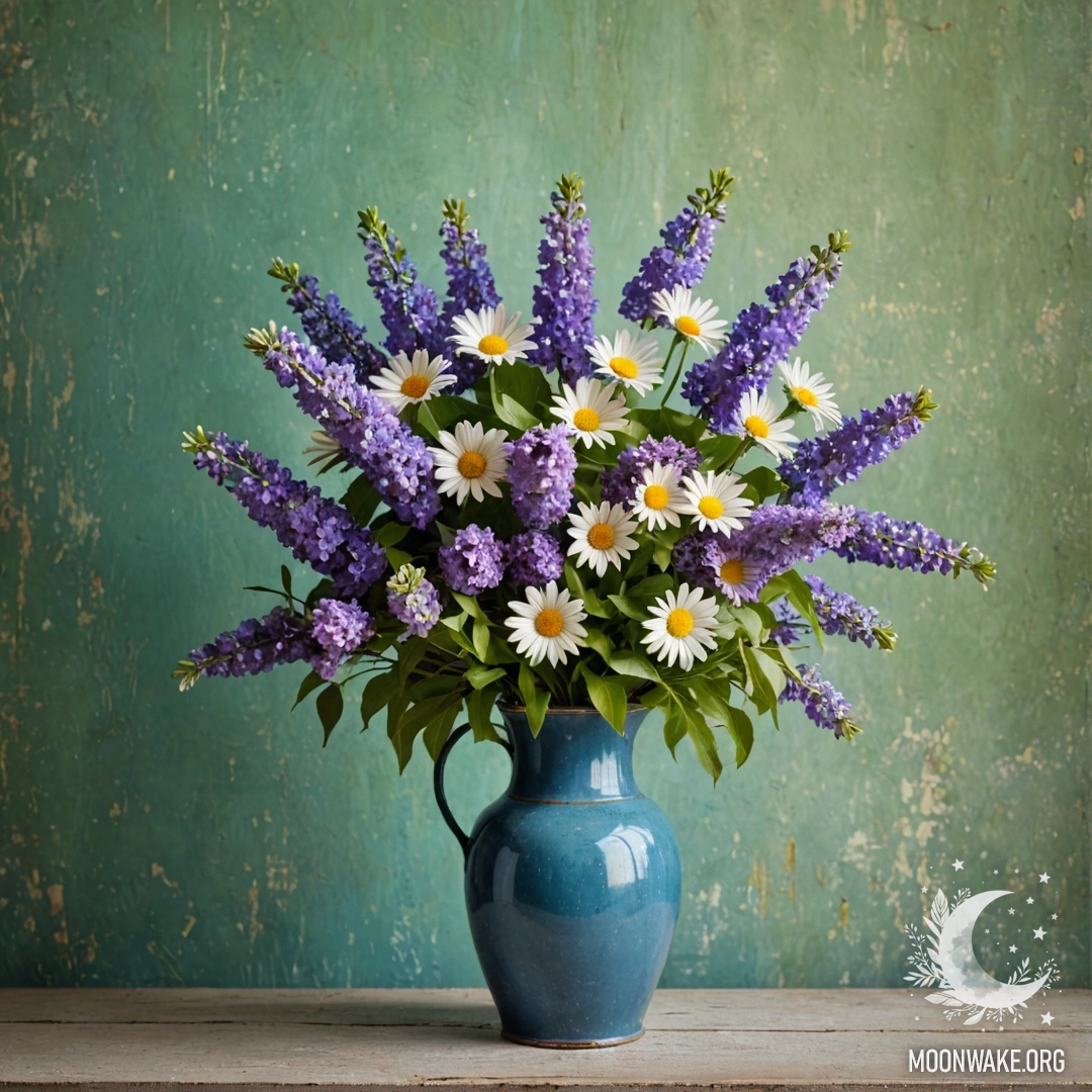 A shabby blue vase filled with daisies and lilacs against a green wall with garland lights.