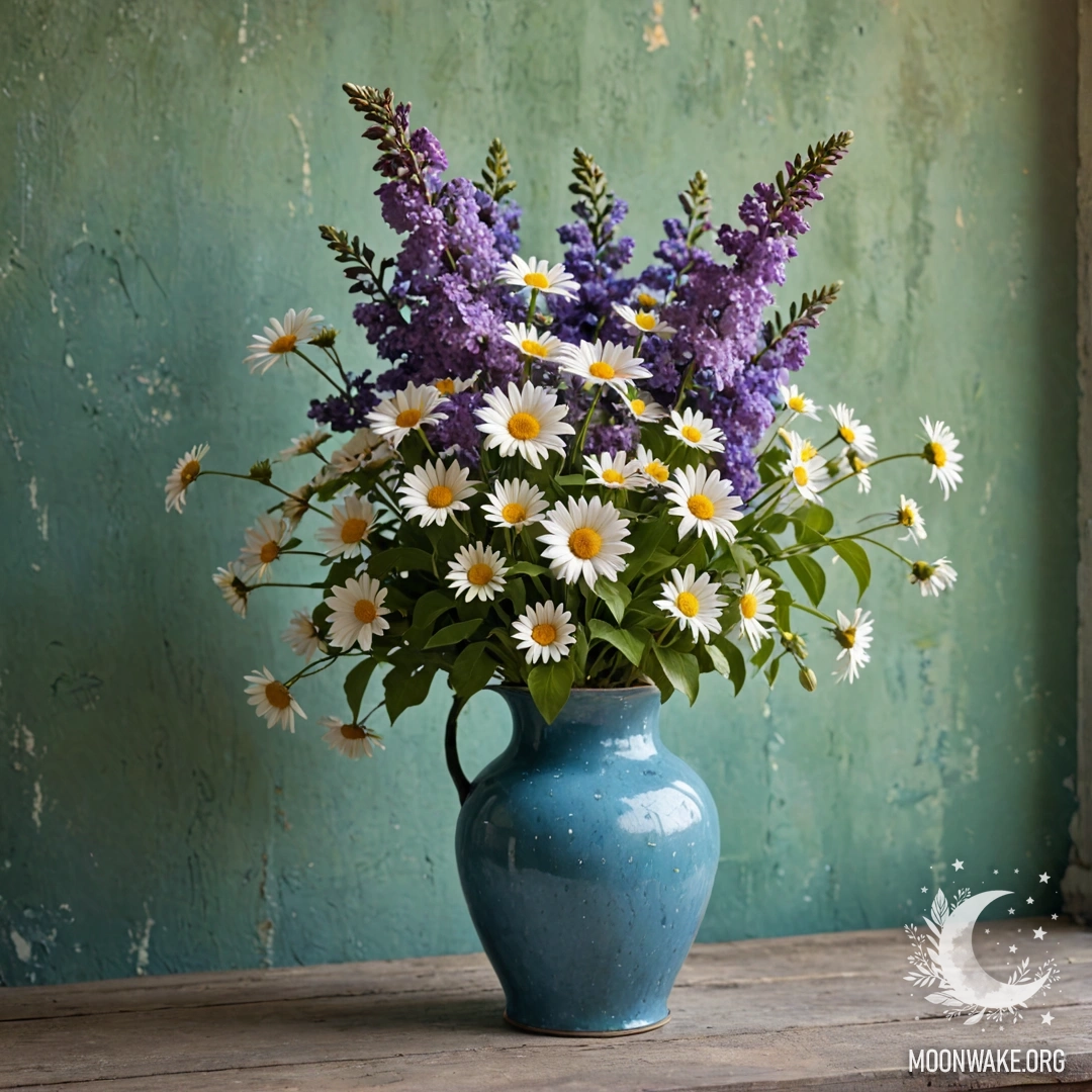 Romantic Blue Vase with Daisies and Lilacs A shabby blue metal vase filled with daisies and lilacs against a greenish wall during sunset.