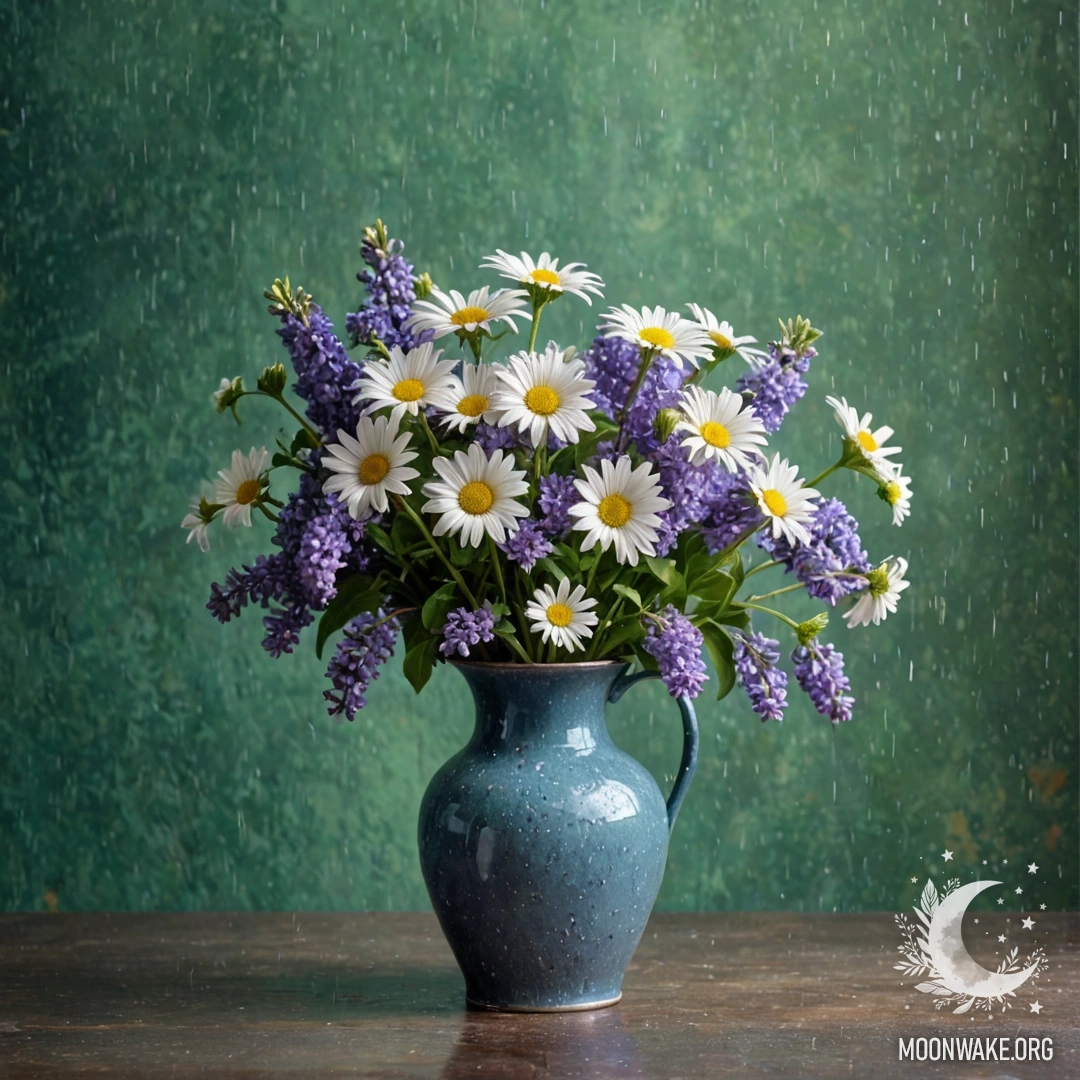 Romantic Blue Vase with Daisies and Lilacs A shabby blue metal vase with daisies and lilacs against a greenish wall in the rain.