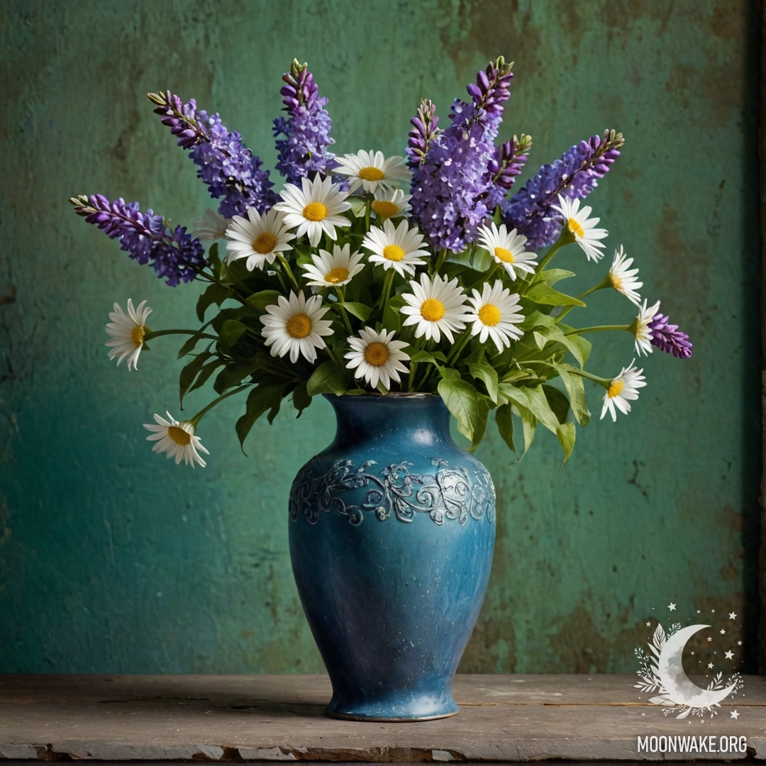 A shabby blue vase filled with daisies and lilacs against a greenish wall at night.