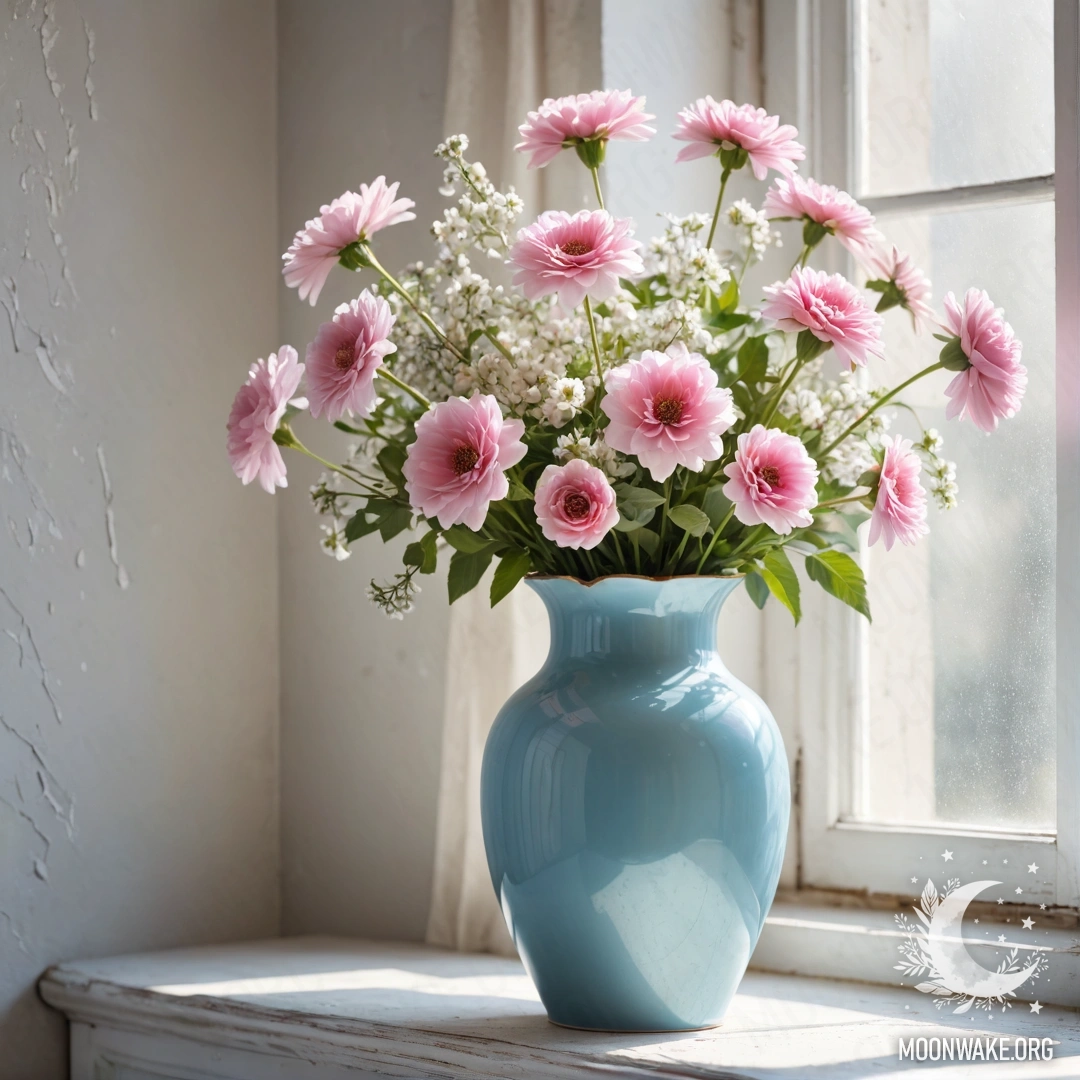 A shabby pastel blue metal vase filled with white and pink flowers against a weathered white wall, illuminated by gentle sun rays.