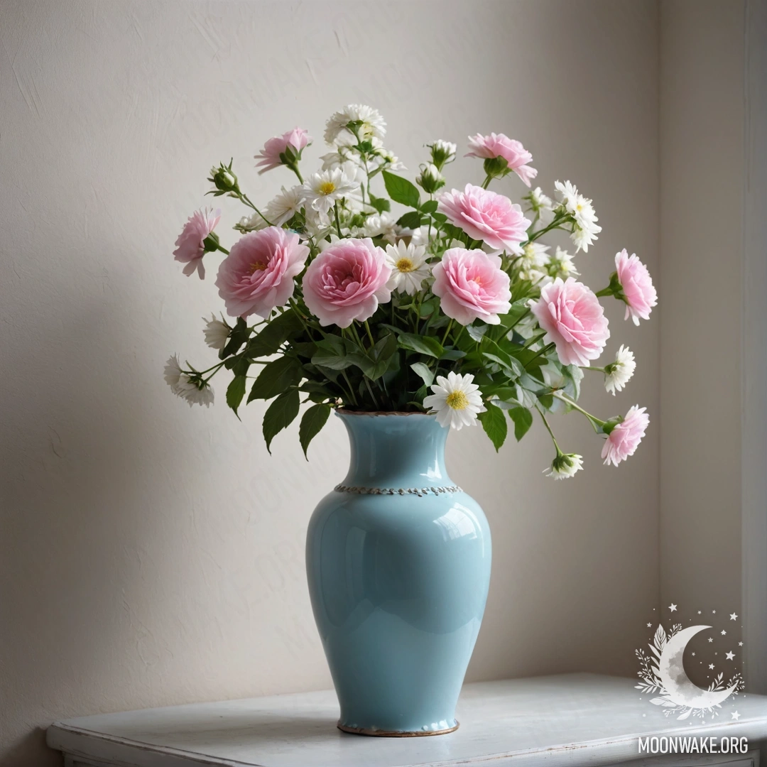 A shabby pastel blue vase filled with white and pink flowers against a worn white wall at night.