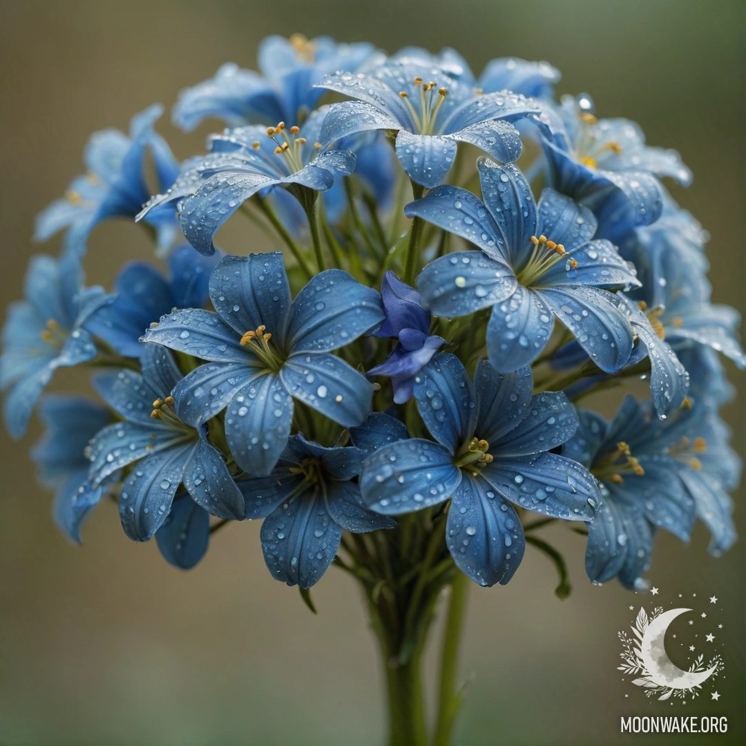 Blue Romantic Wildflower Bouquet with Dew Drops A bouquet of blue wildflowers adorned with dew drops.