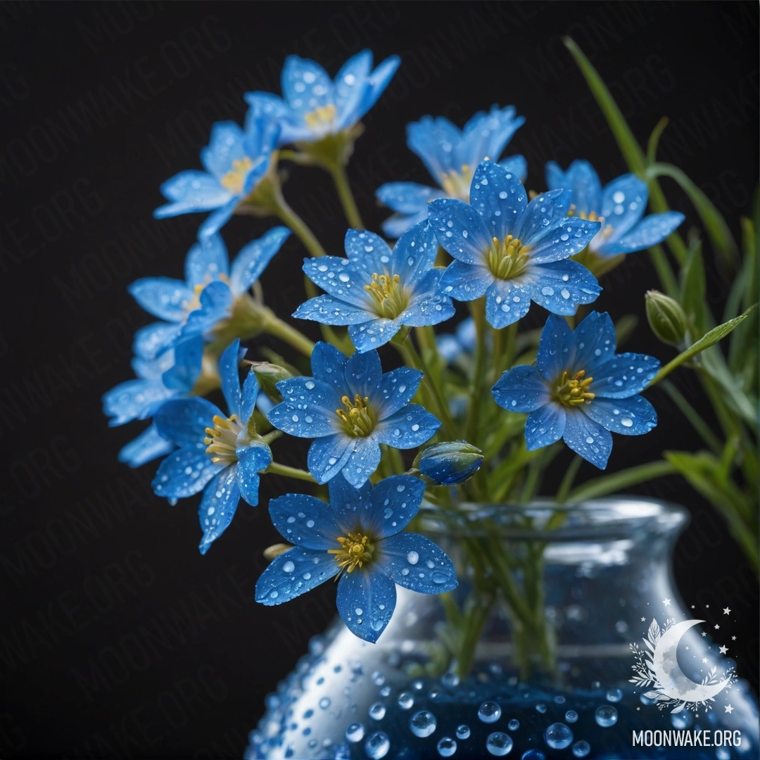 A vase filled with blue wildflowers glistening with dew drops at night.