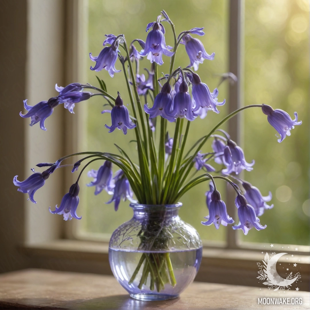 A delicate bluebell flower in a lavender vase, adorned with a web and sunlight.