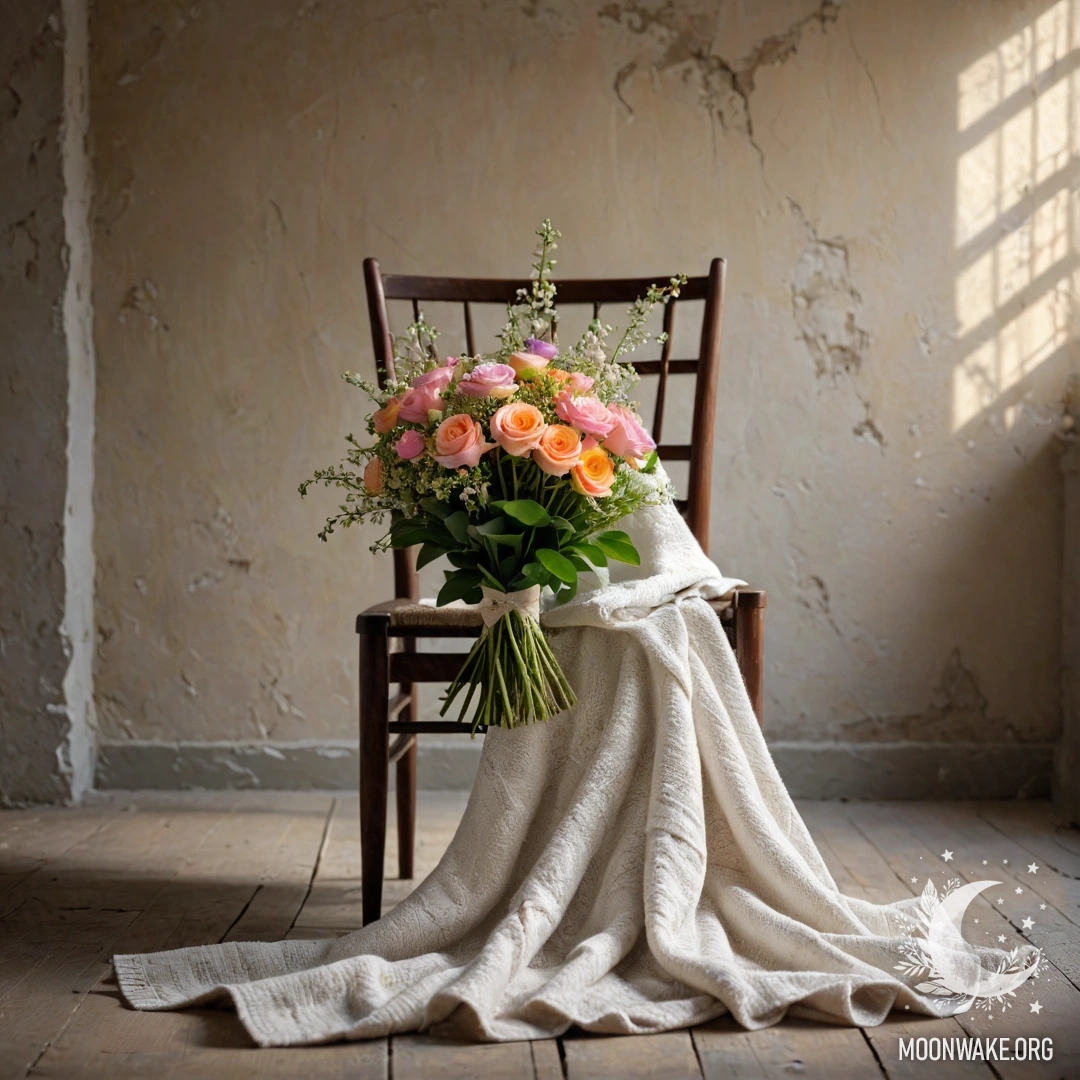 A cozy chair with a blanket and a bouquet of flowers on it, against a shabby wall.