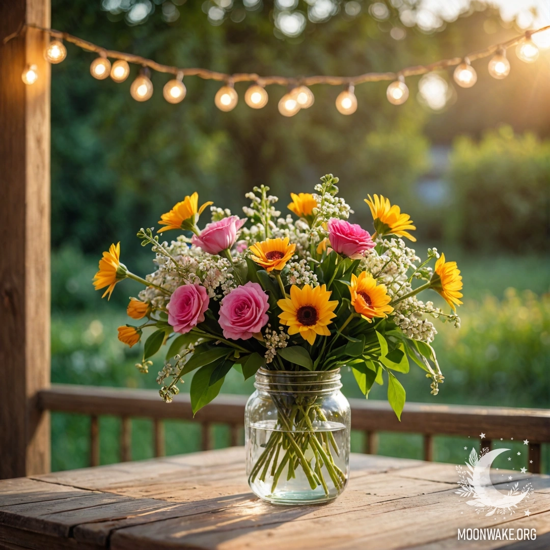 A shabby wooden table with a jar of flowers and a fairy light bokeh background at sunset.