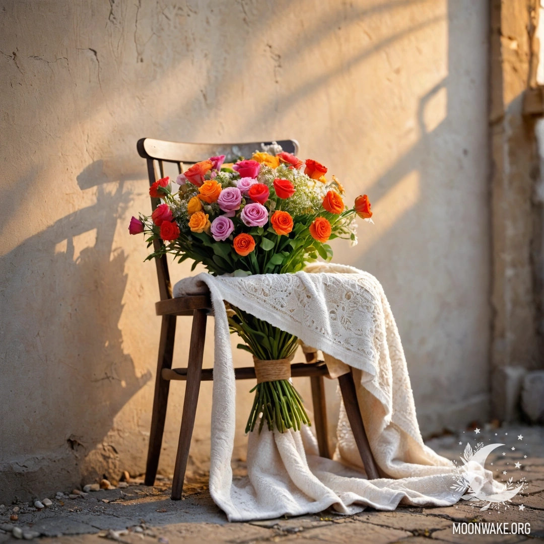 Romantic Bouquet on a Vintage Chair A bouquet of flowers resting on a cozy blanket draped over a chair against a shabby wall at sunset.