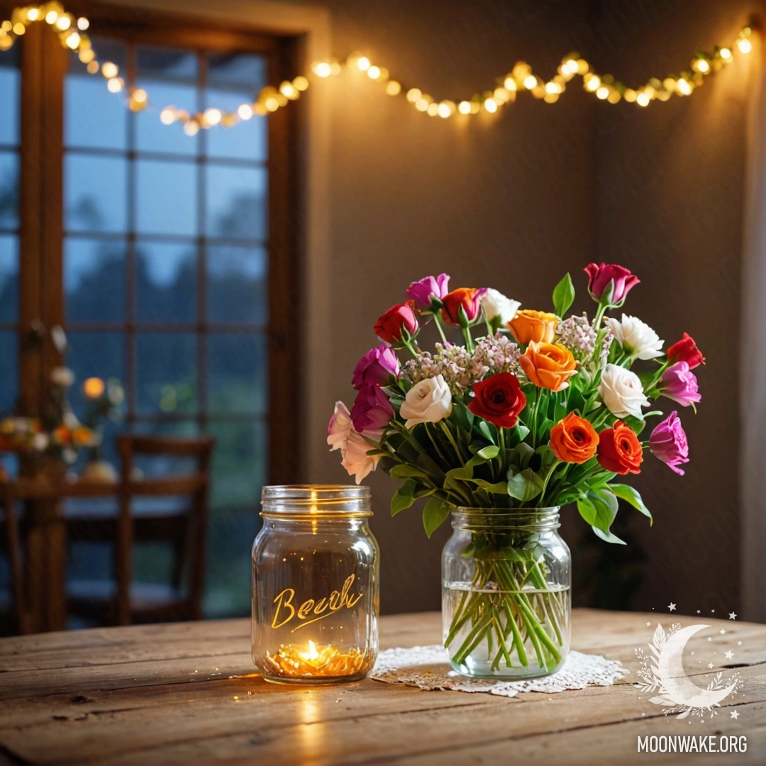 A jar with a bouquet of flowers on a shabby wooden table, with bokeh lights in the background.
