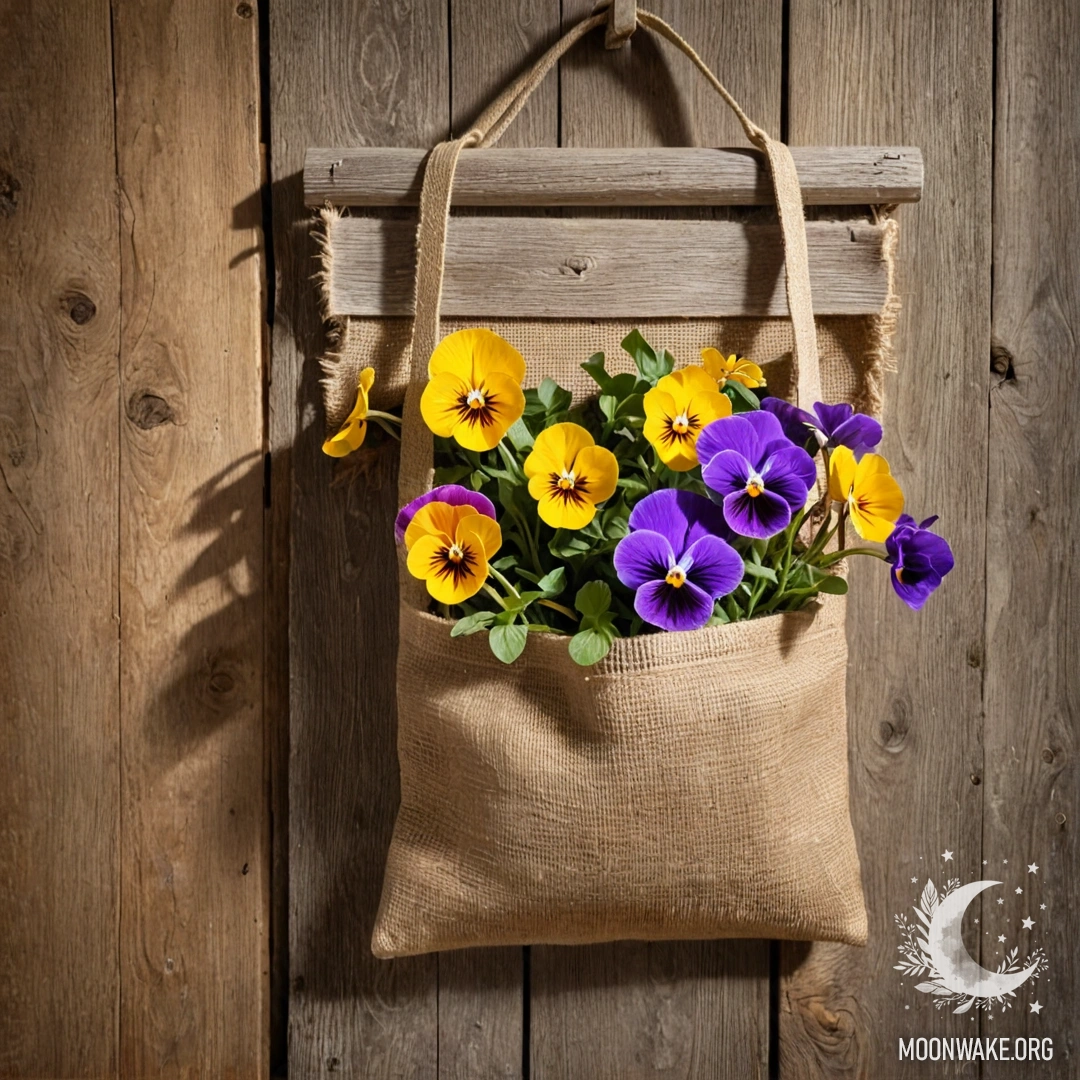 A small burlap bag filled with pansies hanging on a shabby wooden wall, illuminated by sunlight.