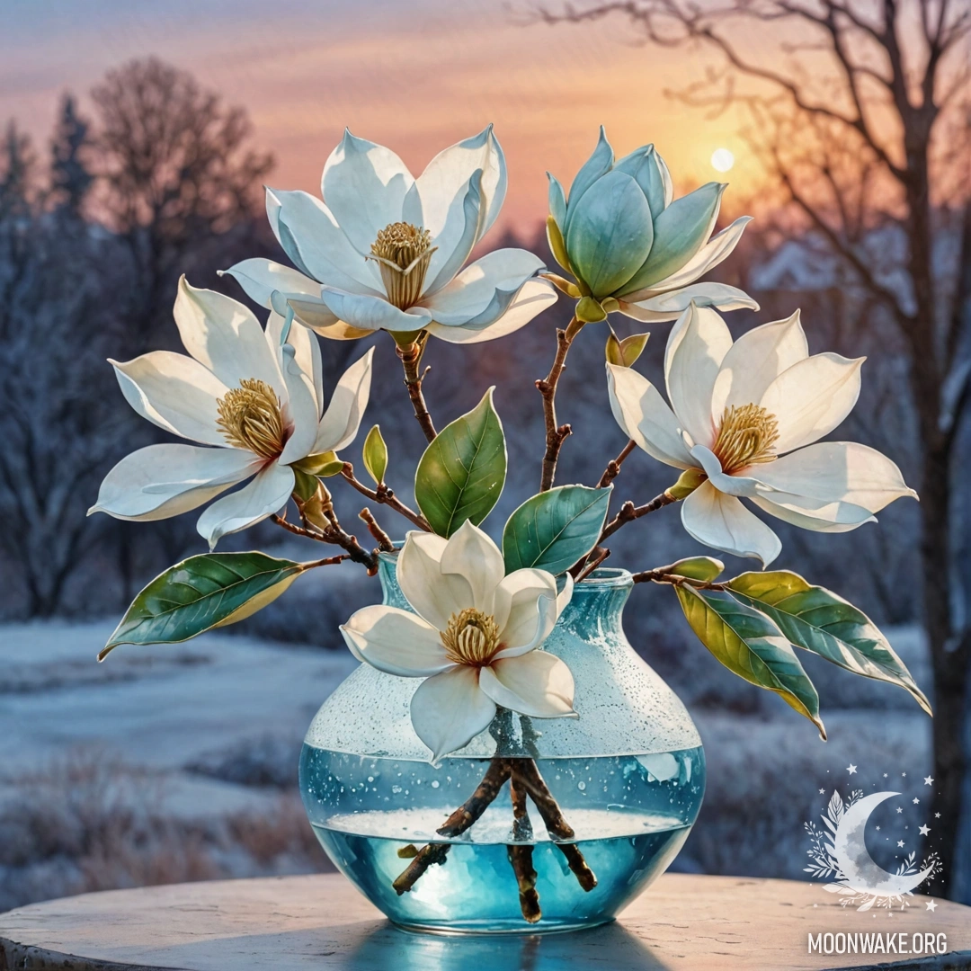 Romantic Calla Lilies at Sunset A beautiful arrangement of calla lilies covered in frost, set against a mint-colored sunset.