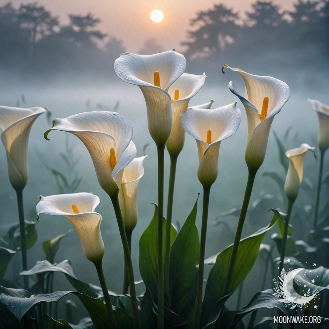 Romantic Calla Lilies in Fog at Sunset Calla lilies in blue colors surrounded by fog at sunset.