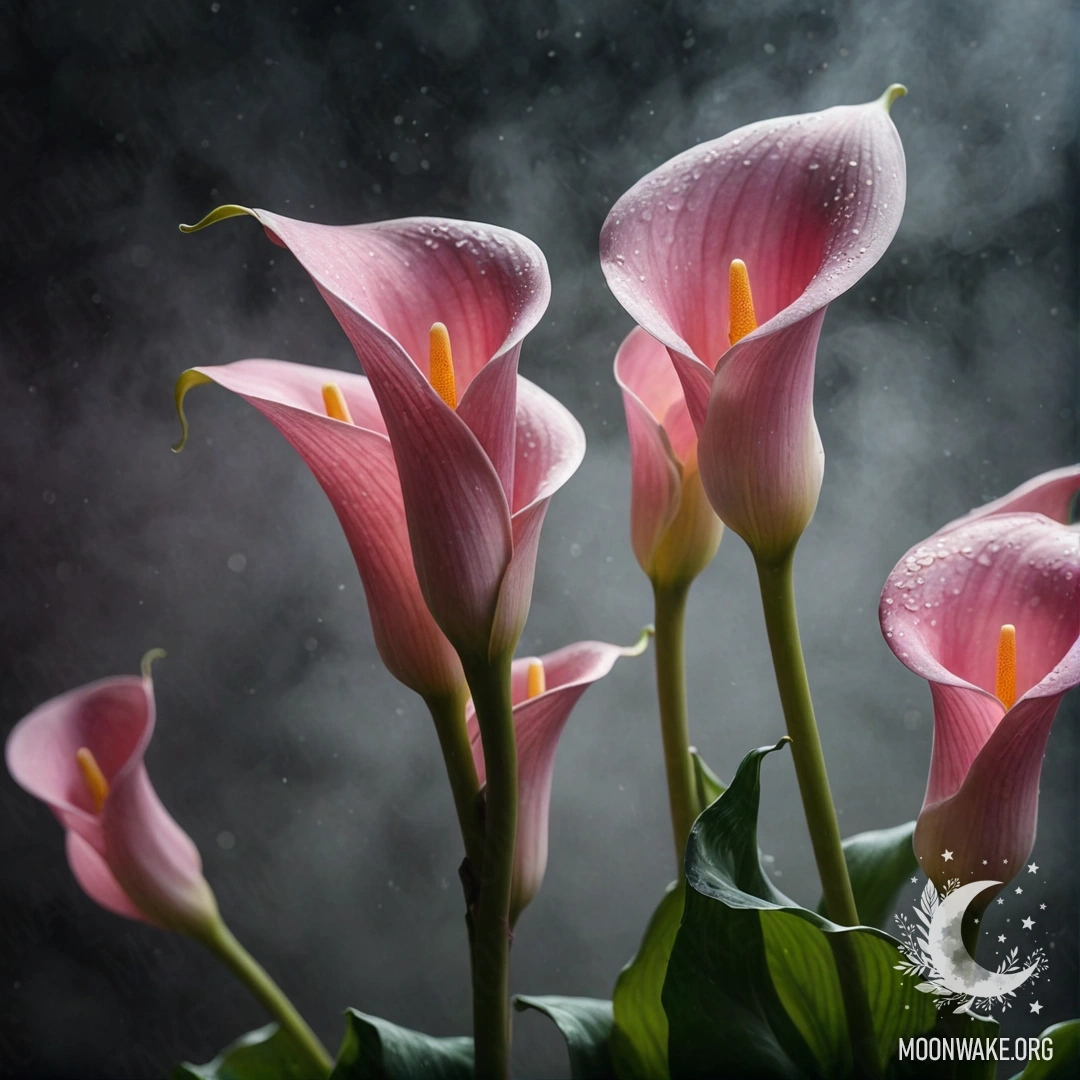 Romantic Calla Lilies in Fog A serene scene of pink calla lilies surrounded by fog at night.