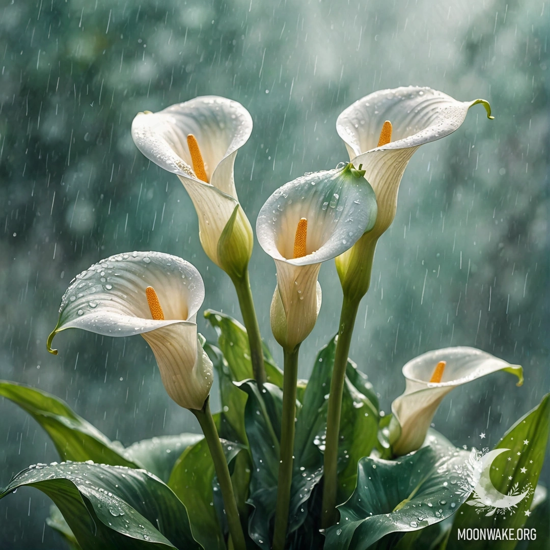 A watercolor painting of aquamarine calla lilies surrounded by mist and rain, with sunlight streaming in the background.