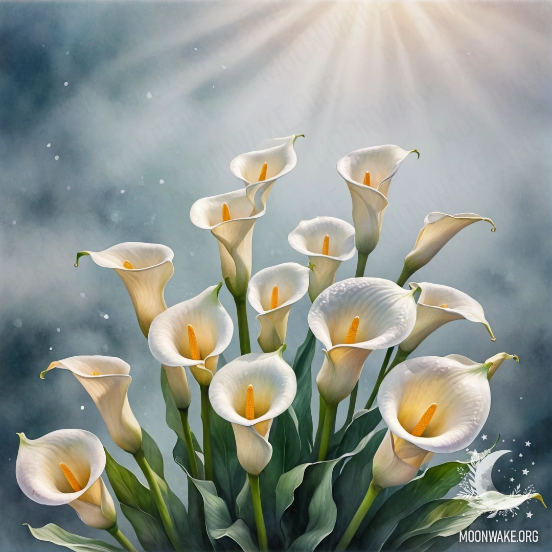 Romantic Calla Lilies in the Fog A bouquet of calla lilies in the fog illuminated by sun rays, with sea wave colors.