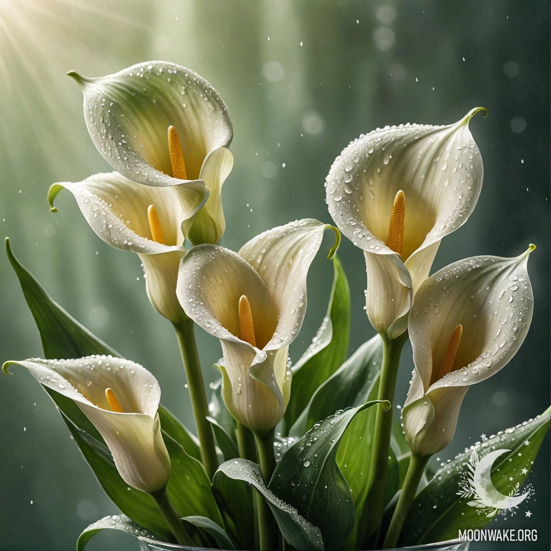 A bouquet of calla lilies adorned with dew drops in a sage-colored vase.