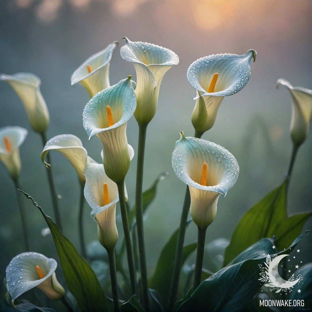A serene image of greenish-blue calla lilies surrounded by mist at sunset, adorned with rhinestones.