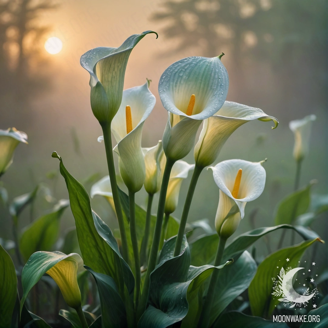 A serene view of romantic calla lilies shrouded in mist against a sunset background of soft green hues.