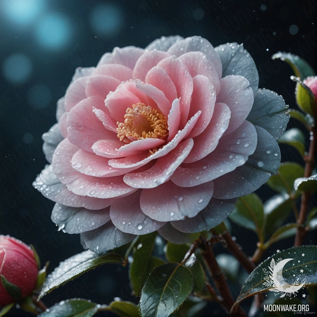Romantic Camellia Bouquet in Frost A bouquet of camellias in frosty night, displaying soft sea wave colors.