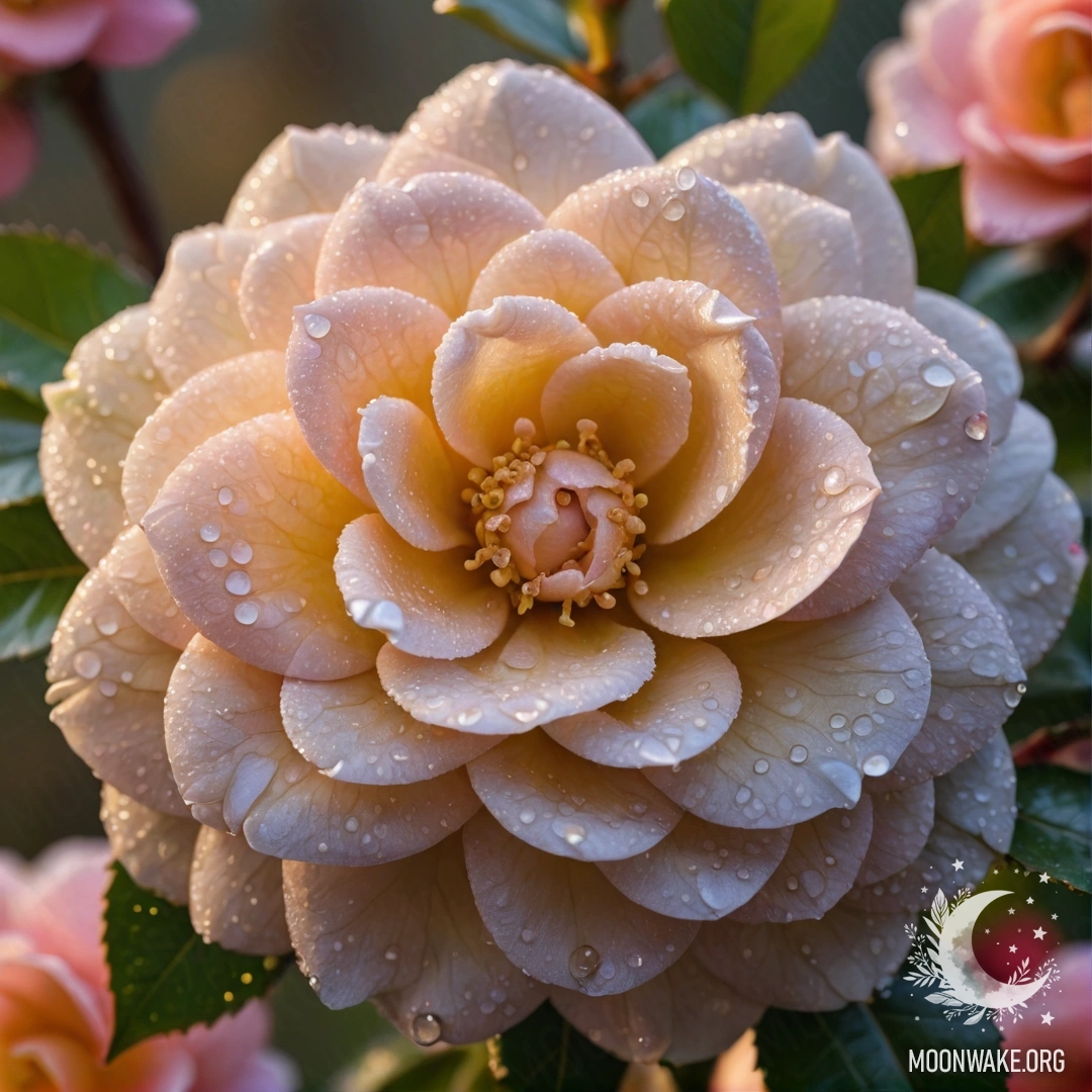 A romantic camellia flower with dew drops, glowing with sunset light.