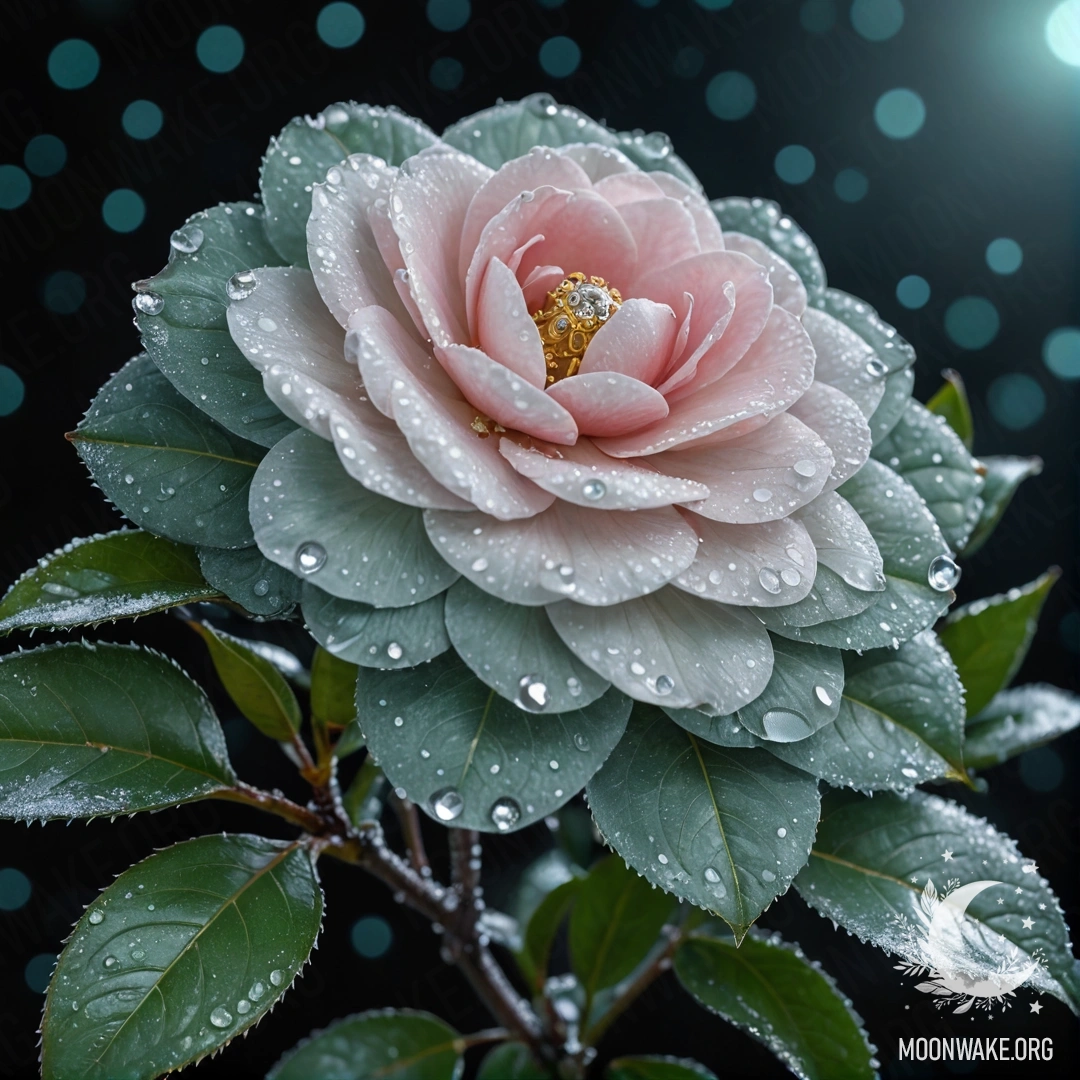 Mint-colored camellia flower covered in frost, surrounded by rhinestones at night.