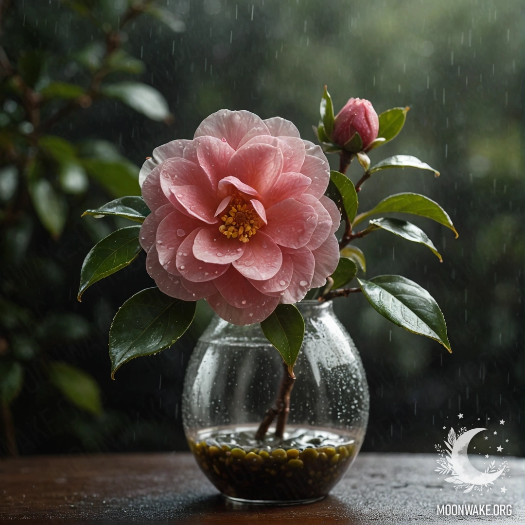 A romantic camellia flower in an olive colored vase shrouded in mist and rain at night.