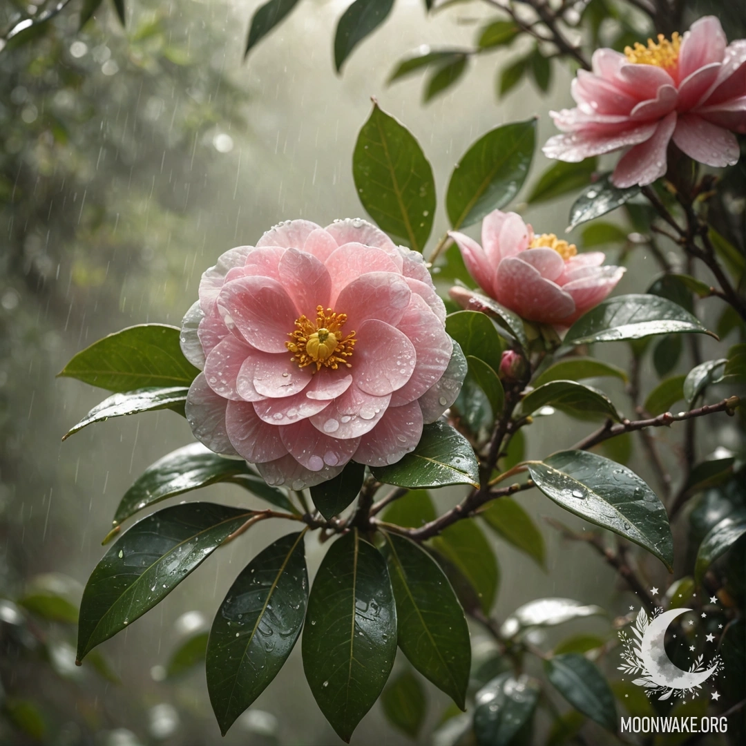 A bouquet of olive colored camellias surrounded by mist and rain.