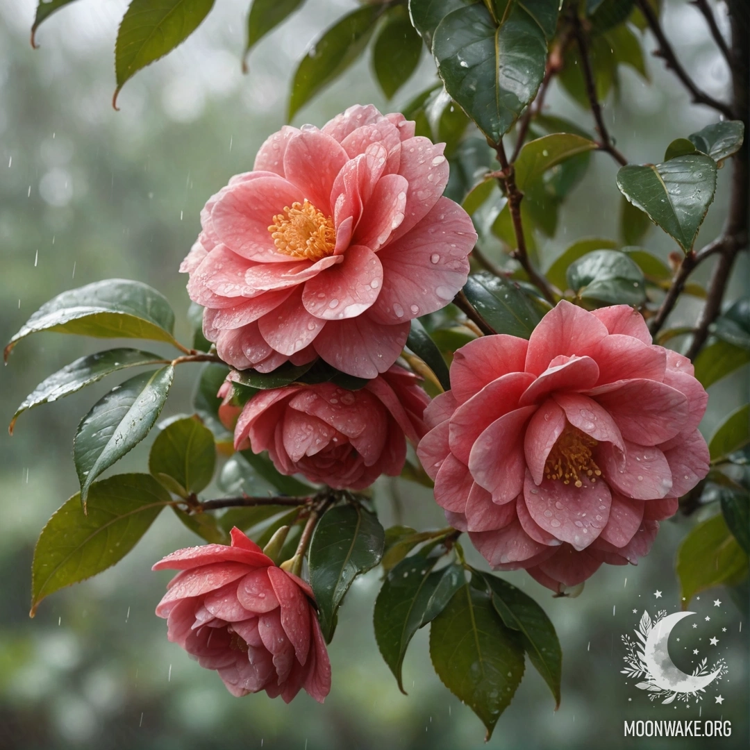 A vibrant red camellia flower surrounded by mist and rain, with soft sunlight filtering through the background.