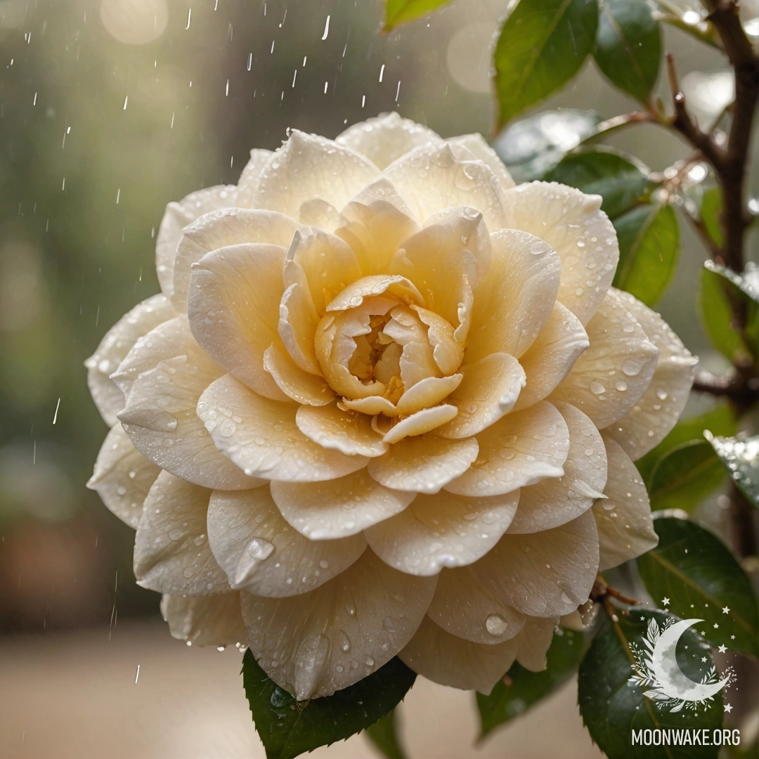 Romantic Camellia Under Rain A cream yellow camellia blooming under gentle rain with sunlight gleaming.