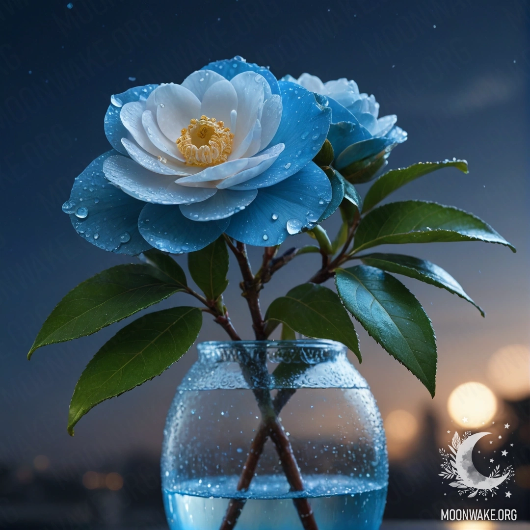 A sky blue vase holds a romantic camellia adorned with dew drops at night.